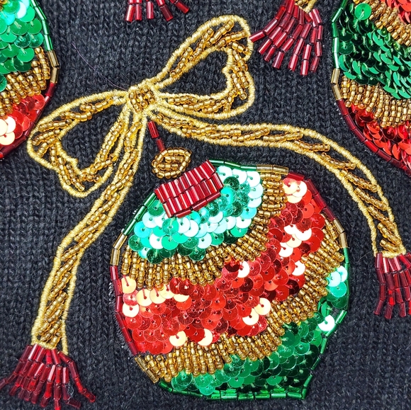 Vintage 80s black beaded sequin Xmas Christmas ornaments novelty sweater S - Picture 3 of 8